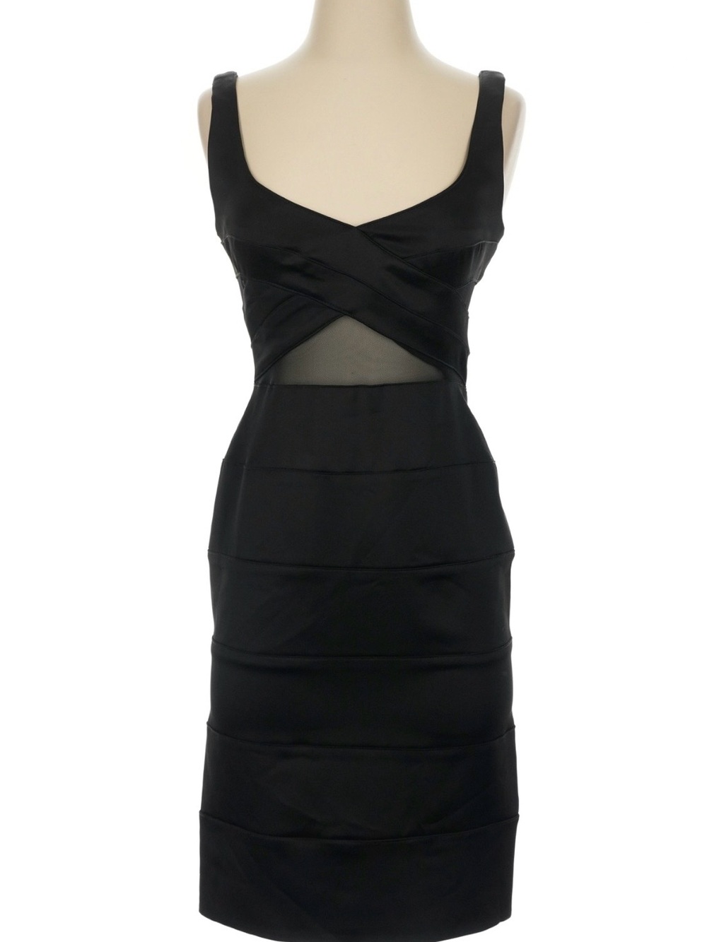 Bebe Black Sleeveless Midi Cocktail Dress with Sheer Waist Panel- NWT